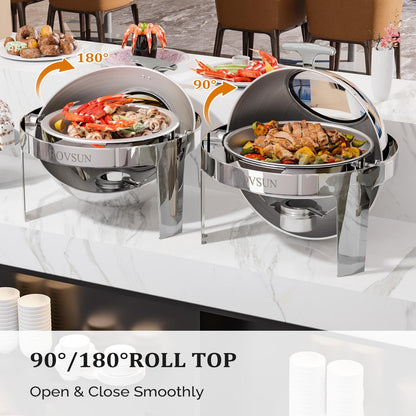 ROVSUN Roll Top Chafing Dish Buffet Set,6 QT Round Stainless Steel Chafer for Catering,Buffet Servers and Warmers Set with Glass Window for Weddings Party