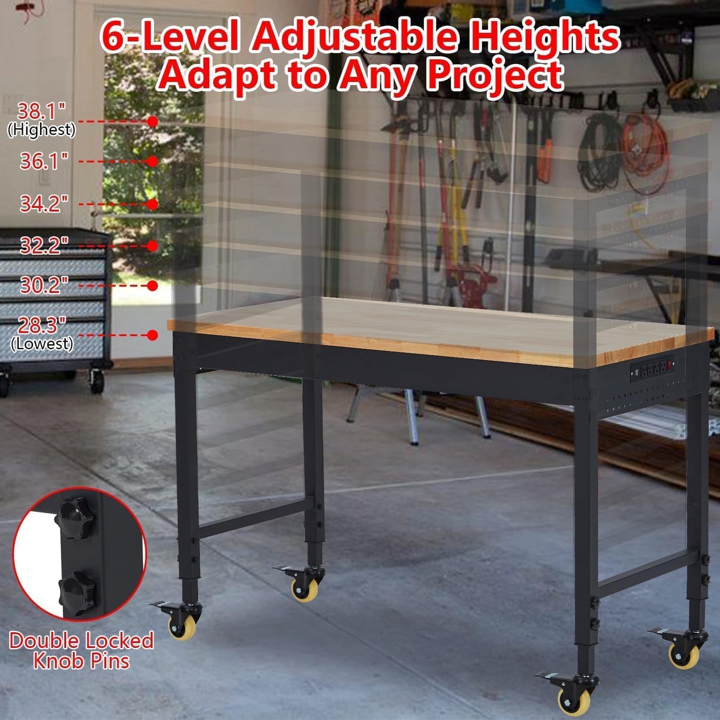 72” Adjustable Workbench with Drawer & Backplate, Heavy Duty Rolling Work Table, 2000 LB Capacity, Rubberwood Top, Power Outlets, Lockable Wheels, Garage Workshop Workbench with Storage