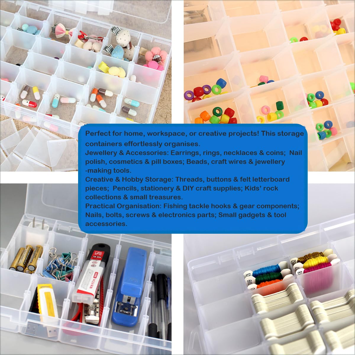 Double-Sided Sewing Organizer Box with 46 Grids - Clear Plastic Thread Storage Case for Embroidery Floss, Sewing Threads, Needles, Beads & Craft Supplies (Portable Craft Organization Container)