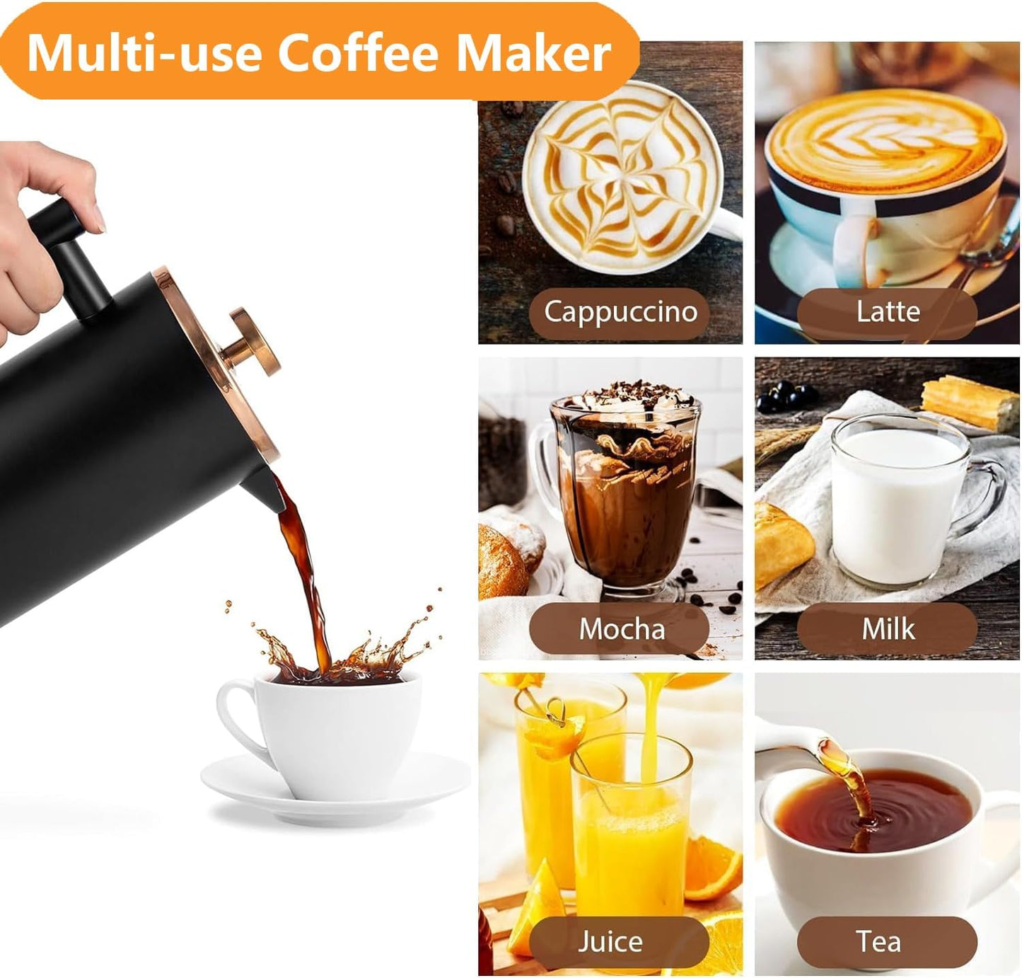 1500ml, 50oz, Stainless Steel French Press Coffee Maker Black Double-Wall Insulated Large French Coffee Press