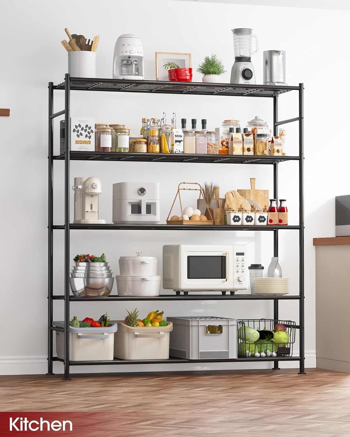Storage Shelves - 5 Tier Shelf Organizer, Heavy Duty Garage Shelving Unit with Leveling Feet, Stable Metal Shelves Organizer for Pantry, Kitchen and Closet, 33.0" W x 12.6" D x 72.0" H, Black