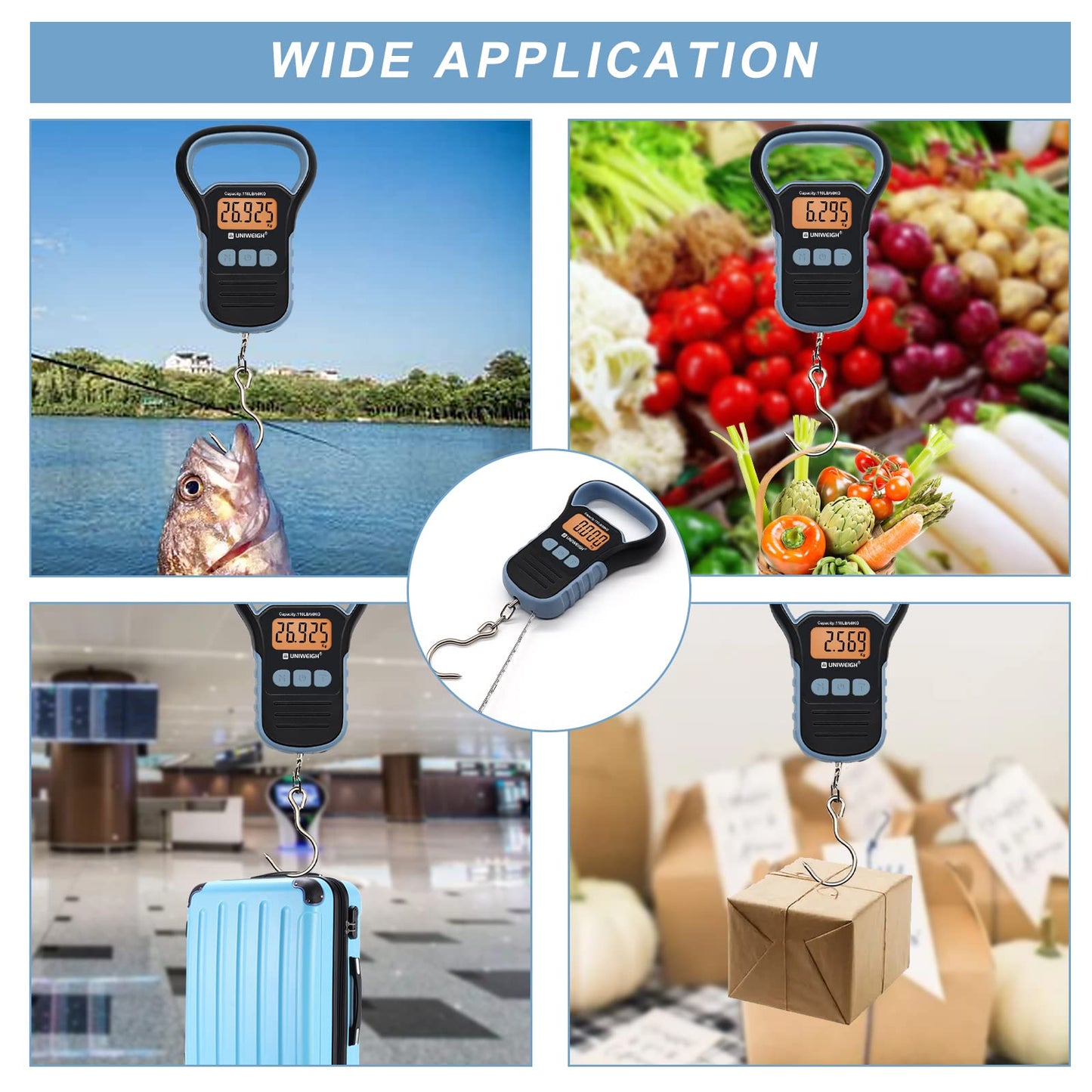 UNIWEIGH Waterproof Fishing Scale with Lip Gripper,110lb/50kg Postal Hanging Luggage Scale with Hook, Digital Handing Scale with 60inch Tape Measure,Luggage Hook, Backlit LCD Display