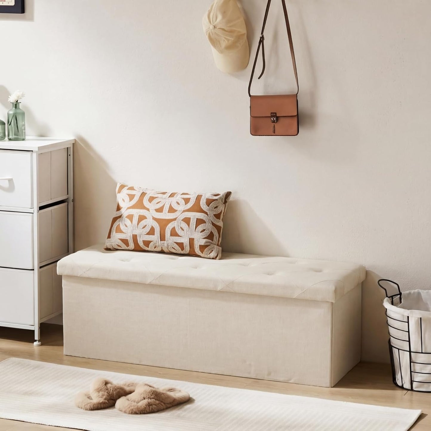43in 660lbs, DUMOS Foldable Storage Ottoman Bench, Storage Chest, Large End of Bed Foot Rest Stool with Padded Seat