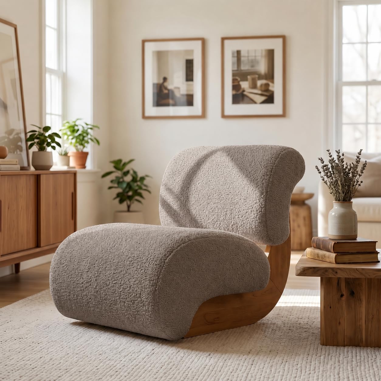 Merax 28" Modern Curved Boucle Accent Chair with Solid Wood Base, Mid-Century Armless Upholstered Slipper Lounge Chair for Living Room, Bedroom, Reading Nook, Natural + Almond