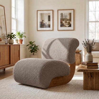 Merax 28" Modern Curved Boucle Accent Chair with Solid Wood Base, Mid-Century Armless Upholstered Slipper Lounge Chair for Living Room, Bedroom, Reading Nook, Natural + Almond