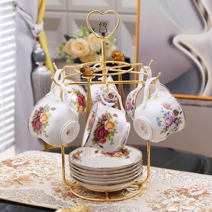 floral tea cups high-grade fine bone china tea set for 6 people,English Style porcelain teacup sets with stand holder afternoon coffee cups and saucers sets for women