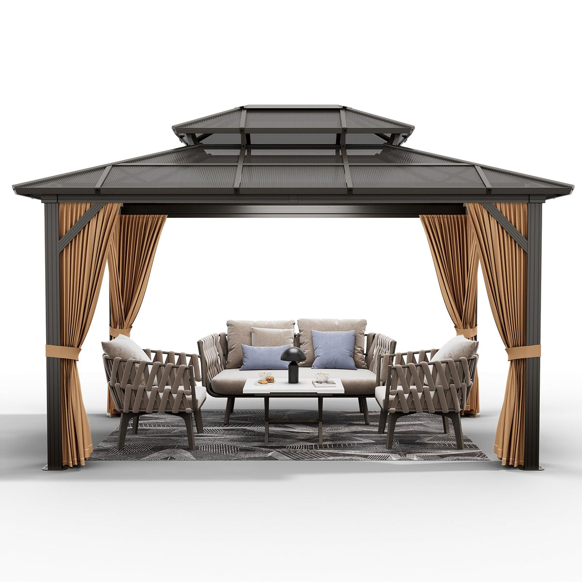 10x13 ft Permanent Aluminum Gazebo with Double-Layer PC Roof, Sturdy Metal Pavilion Canopy, All-Weather Outdoor Sunshade Structure with Retractable Curtains for Patio, Backyard, Garden, Deck