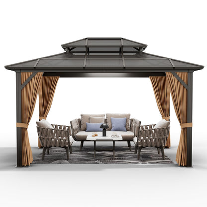 10x13 ft Permanent Aluminum Gazebo with Double-Layer PC Roof, Sturdy Metal Pavilion Canopy, All-Weather Outdoor Sunshade Structure with Retractable Curtains for Patio, Backyard, Garden, Deck