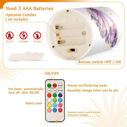 ALAZA Purple Butterflies Flickering Flameless Candles Battery Operated with Remote Timer,Tea Light Candles LED Pillar Votive Candles Set of 2 for Outdoor Indoor Decorations