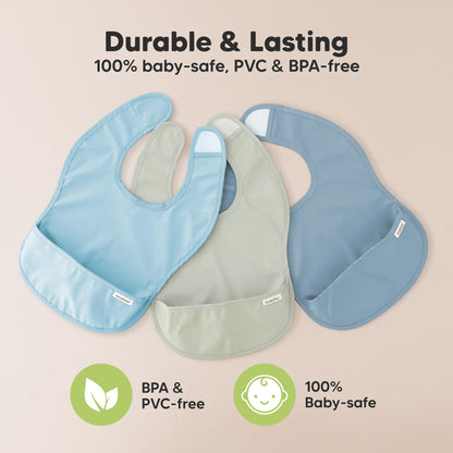 3-Pack Waterproof Baby Bibs for Eating - Lightweight Toddler Feeding Bibs with Large Food Catcher, Mess Proof, Food-Grade Baby Eating Essentials, Easy to Put On & Clean (Ocean)