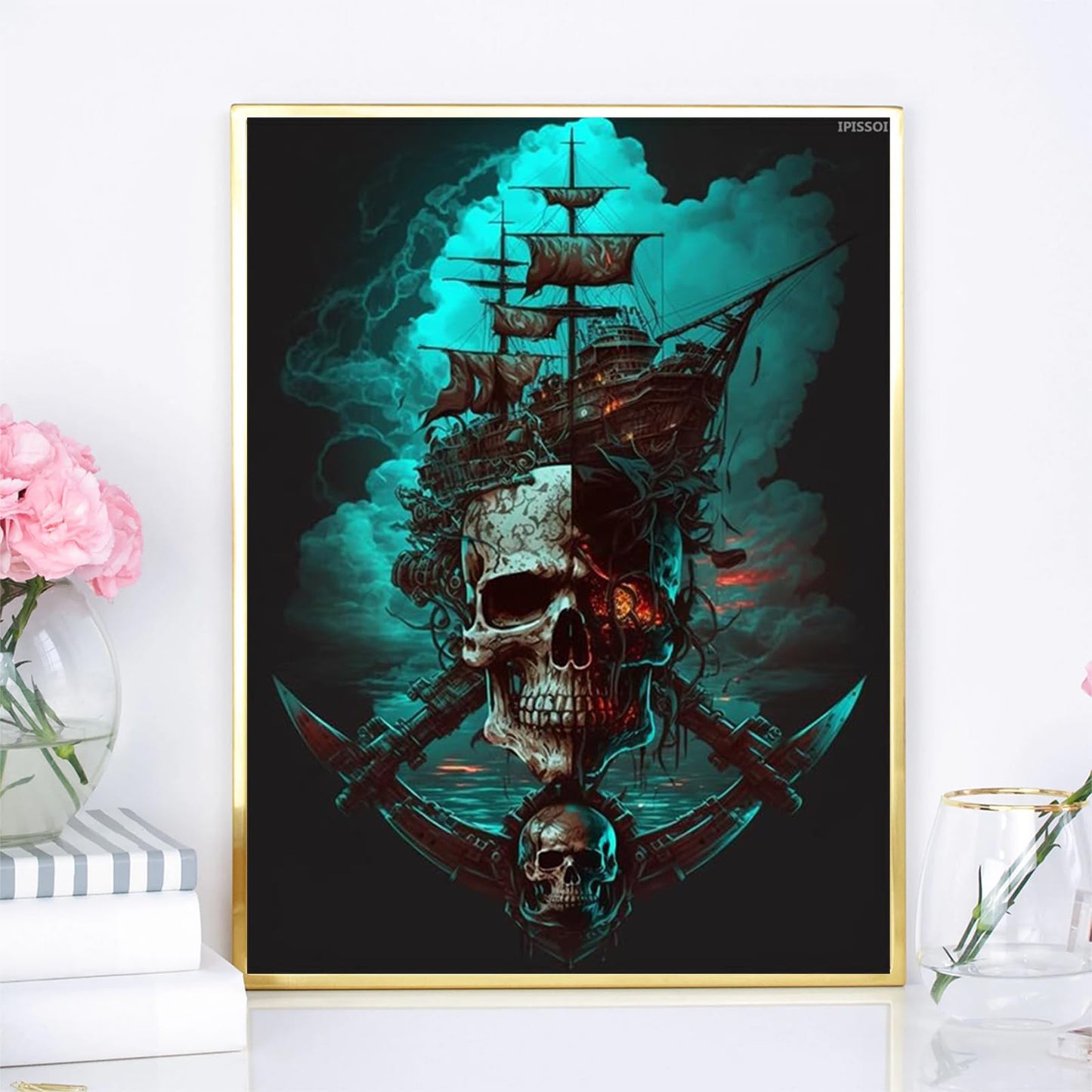 IPISSOI Diamond Painting Kits for Adults, Pirate Ship 5D DIY Diamond Art Kits Full Drill Diamond for Gift Wall Decor Gem Arts Skull Ship 12x16inch
