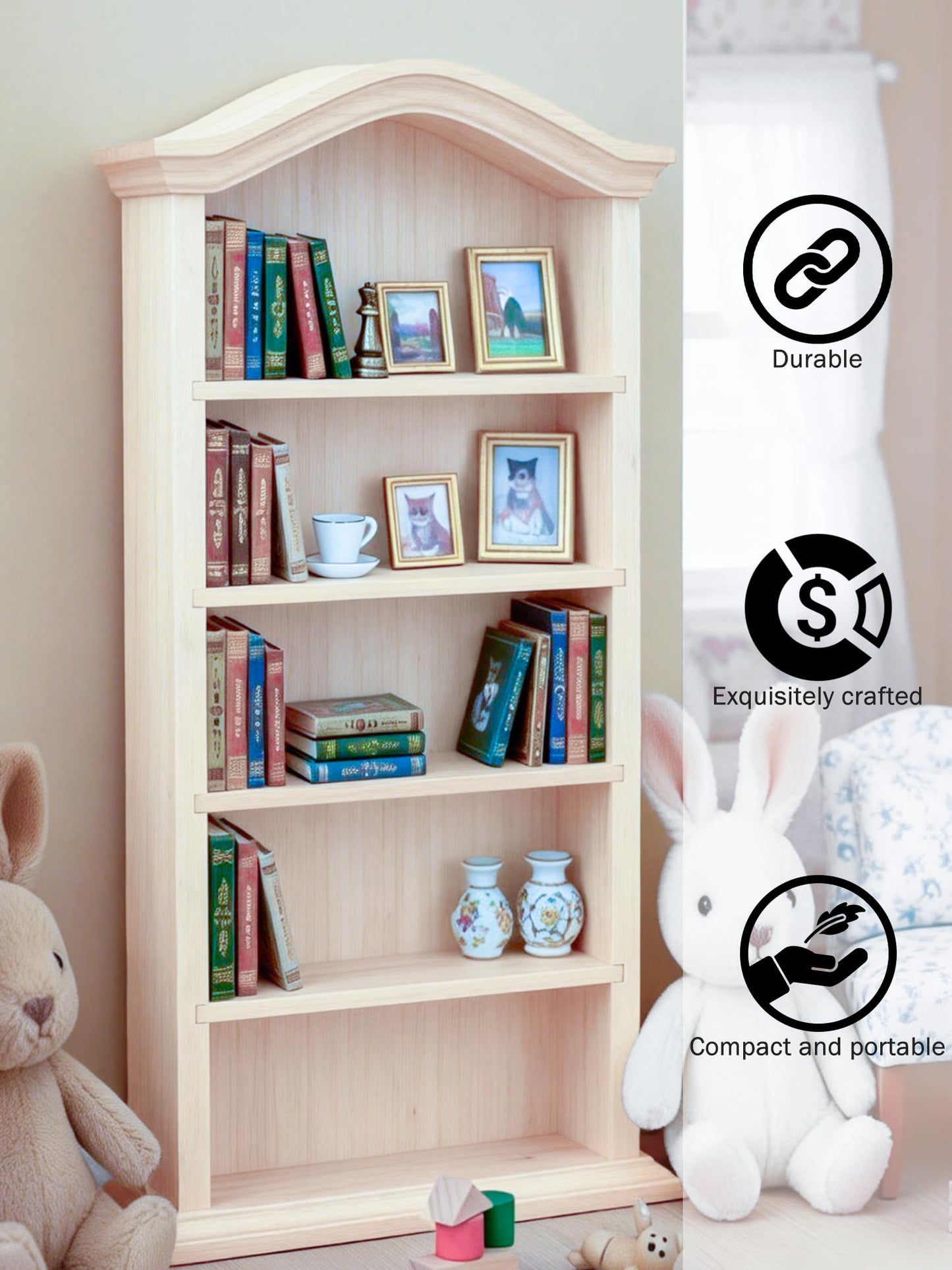 KooingTech Mini Bookshelf, Dollhouse Bookshelf for Mini Books, 1:12 Miniature Bookshelf of Miniature Dollhouse Furniture, Wooden Doll House Book Shelf, Dollhouse Bookcase Wood Color (1)