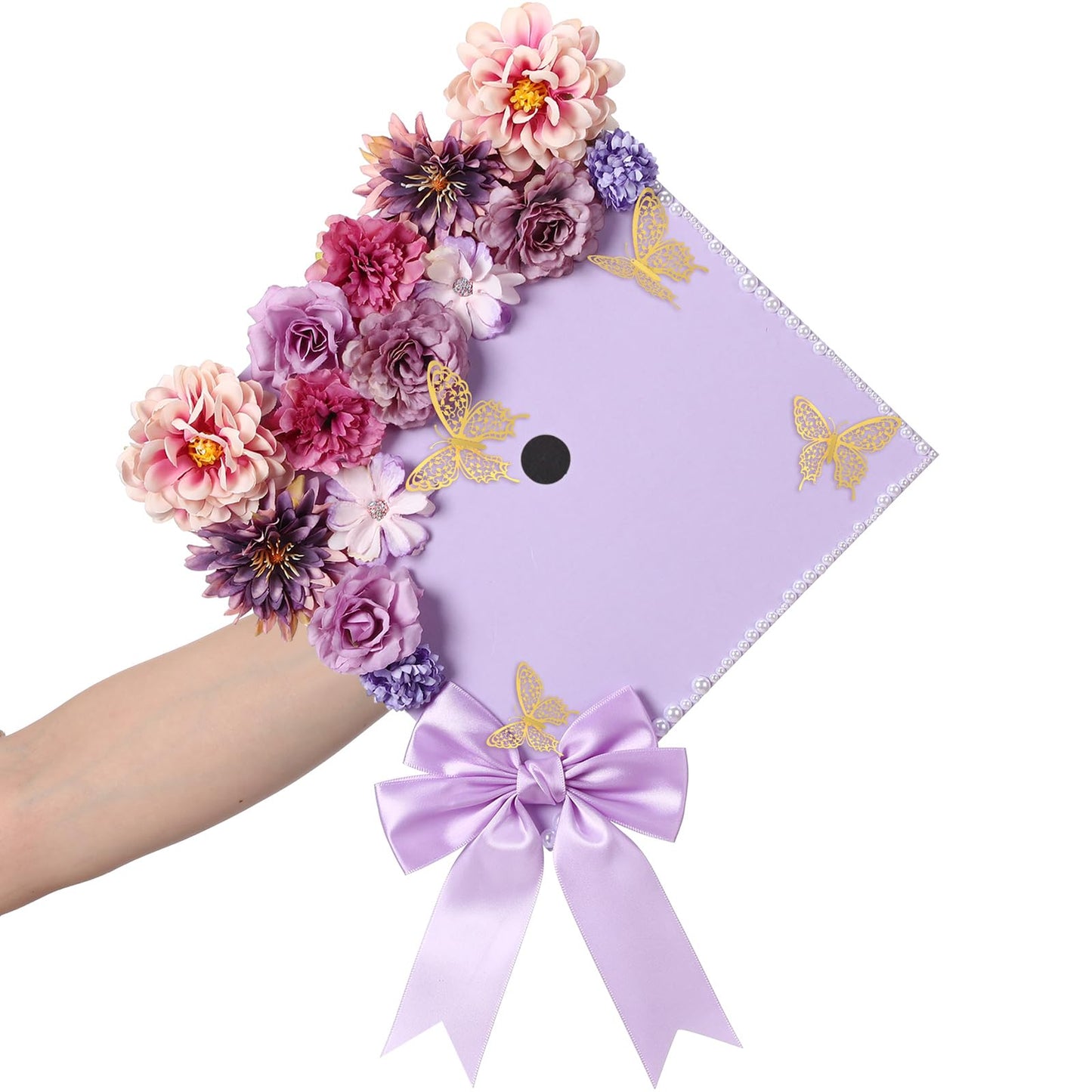 MotiMind 41 Pcs Purple DIY Graduation Cap Decoration Kit, Grad Cap Decorations Grad Hat Topper Faux Assorted Flowers Bows 3D Cream Construction Paper Butterfly Stickers Pearl Adhesive Dots