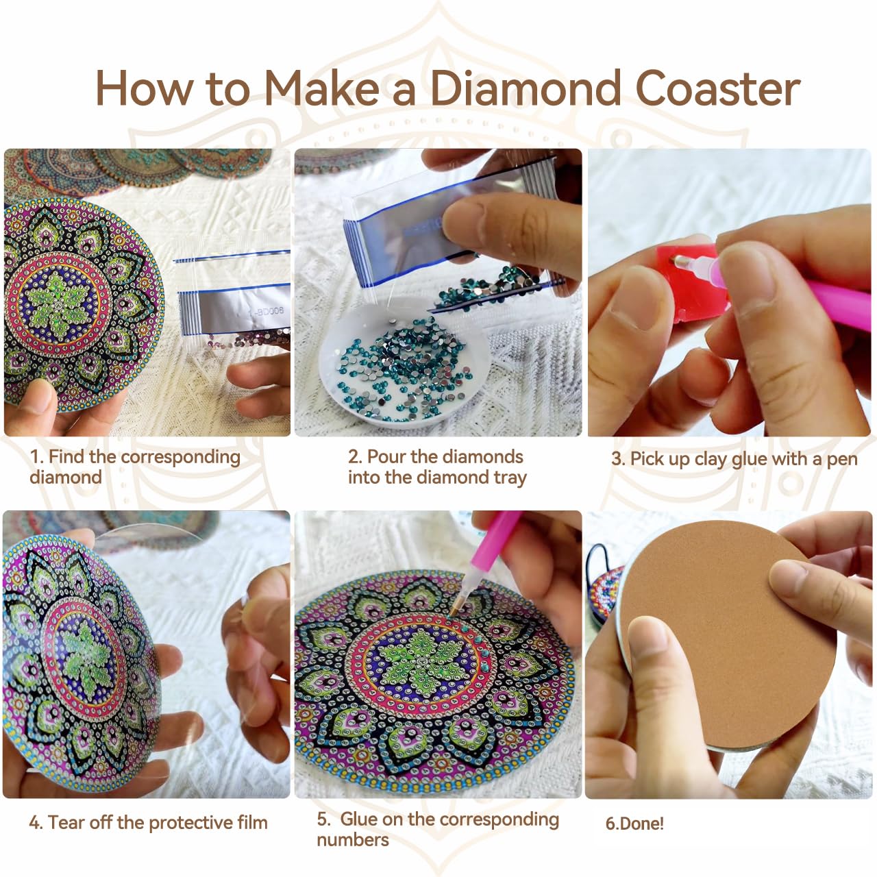 Vcekract Diamond Painting Coasters, 6 Pcs Mandala Diamond Art Coasters with Holder, Crafts Kits for DIY Coasters, Adult Crafts Projects Kits Women