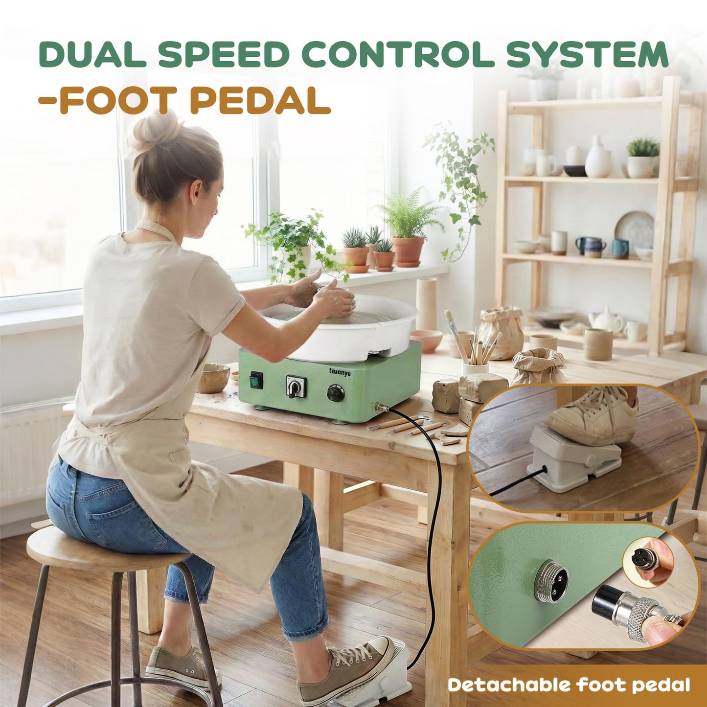 Huanyu Tabletop Pottery Wheel Machine for Adults 12" Bat System Manual & Foot Pedal Control Electric Ceramic Wheel Forming Machine Art Clay DIY Sculpting Tool Kit