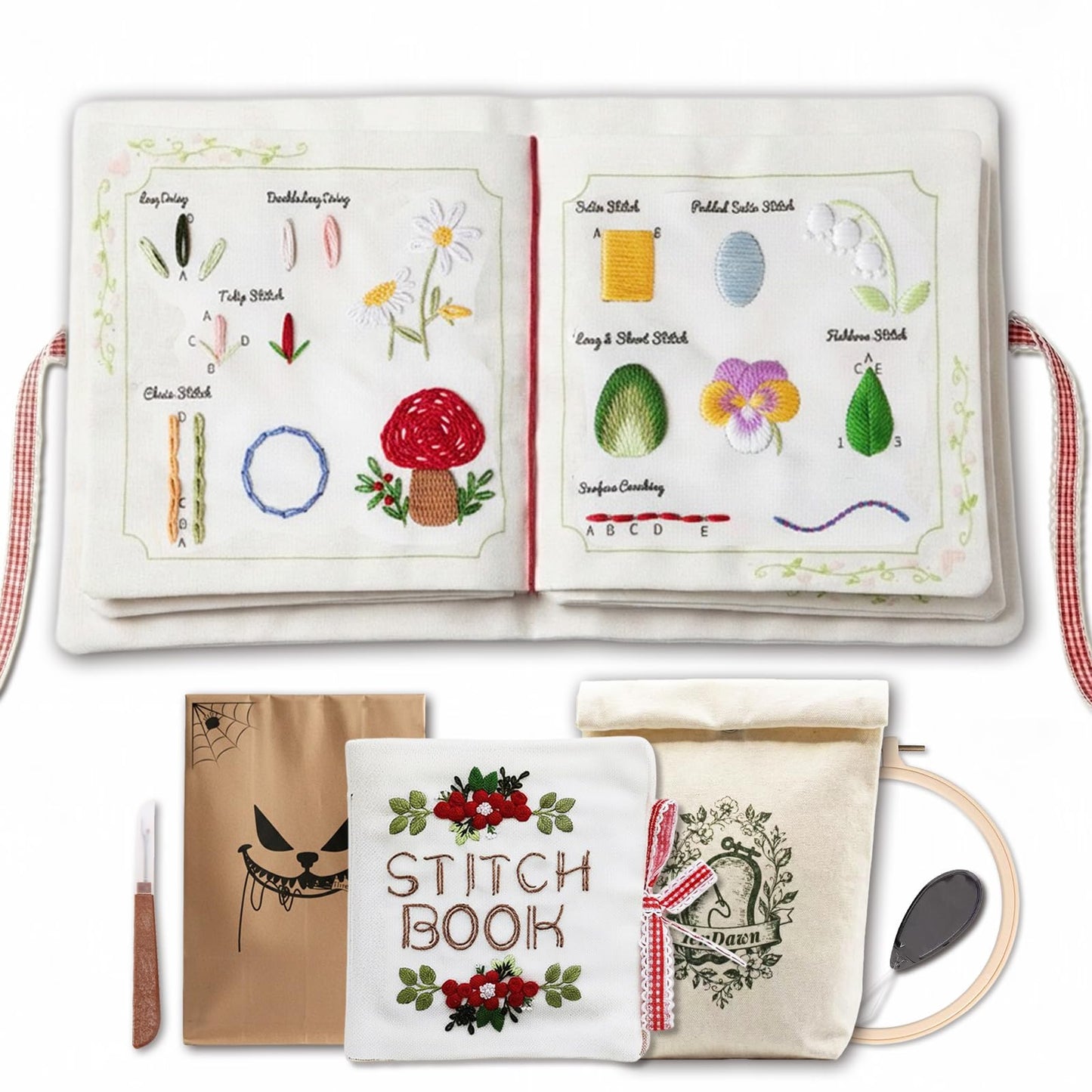 TenDawn Beginner Embroidery Stitch Book with Fabric Pages, 32 Essential Stitches in Structured Learning Order for Adults, DIY Sewing Kit with Floral Motifs, Practice Patterns