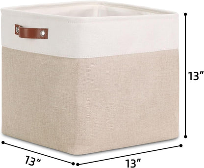 DULLEMELO Cube Storage Bin 13x13, Collapsible Fabric Storage Cube for Organizing Toys, Clothes, Nursery, White & Khaki.