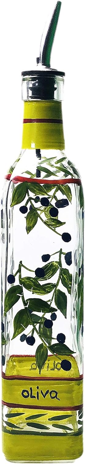 16 oz Hand Painted Glass Oliva Branch Oil/Vinegar Glass Cruet for Kitchen, Olive Oil Dispenser With Stainless Steel