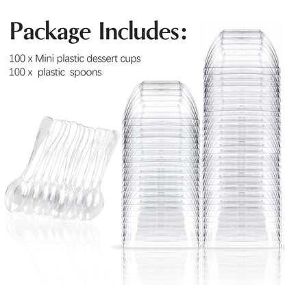 TOFLEN 100ct 2 oz Mini Dessert Cups with Spoons, Clear Plastic Reusable Small Party Serving Cups for Appetizers, Hors D'oeuvres Plates