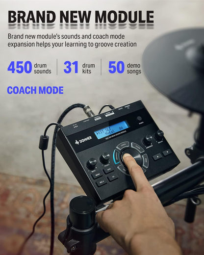 Donner DED-200X Electronic Drum Set, Electric Drum Kit with Quiet Mesh Drum Pads, 2 Cymbals w/Choke, 31 Kits and 450+ Sounds, Throne, Headphones, Sticks, USB MIDI, Melodics Lessons (5 Pads, 4 Cymbals)
