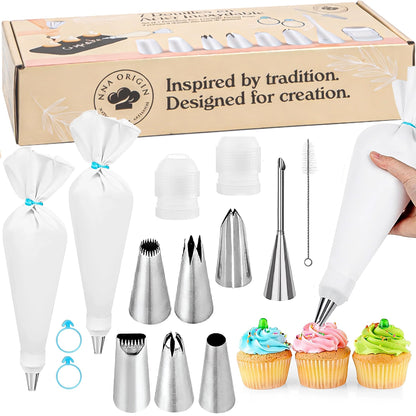 2 Reusable Piping Bags and Tips Set - 16 Inch Pastry Bags for Cake Decorating, Cupcakes, Cookies | Durable Cotton Exterior, Easy to Clean, Eco-Friendly Baking Kit for Home Bakers & Chefs
