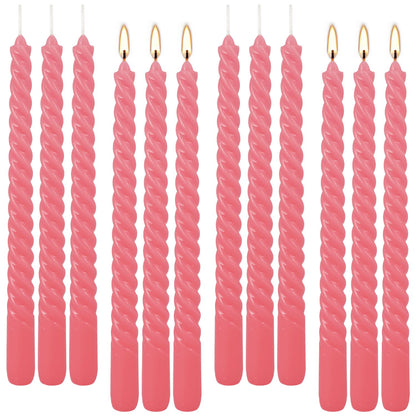 12-Pack Pink Spiral Taper Candles – 10 Inch Elegant Dripless & 10-Hour Burn – Long-Lasting Decorative Candles for Weddings, Birthdays, Parties, Church, Home Decor & Romantic Dinners