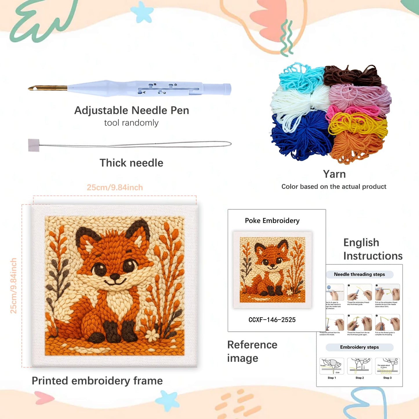 SDOYUNO Punch Needle Kit with Frame for Adults Beginners Kits 9.84 x 9.84 Inch Embroidery Starter Kits Punch Needle Kit with Fox Pattern, Threader, Yarns, Rug Punch, DIY Craft Kits (Brown)