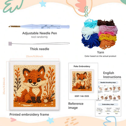 SDOYUNO Punch Needle Kit with Frame for Adults Beginners Kits 9.84 x 9.84 Inch Embroidery Starter Kits Punch Needle Kit with Fox Pattern, Threader, Yarns, Rug Punch, DIY Craft Kits (Brown)