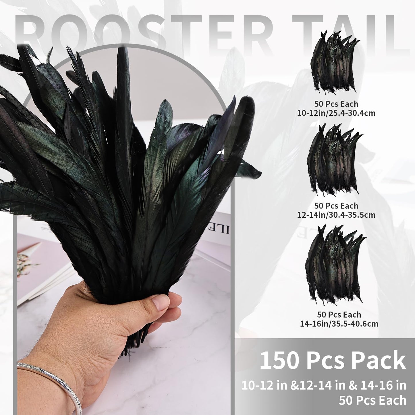 150 Pcs Natural Rooster Tail Feathers, 14-16" 12-14" 10-12" (50 Each), Bulk for DIY Crafting, Hat Decoration, Wedding, Halloween Costume & Masquerade Party Supplies (Black)