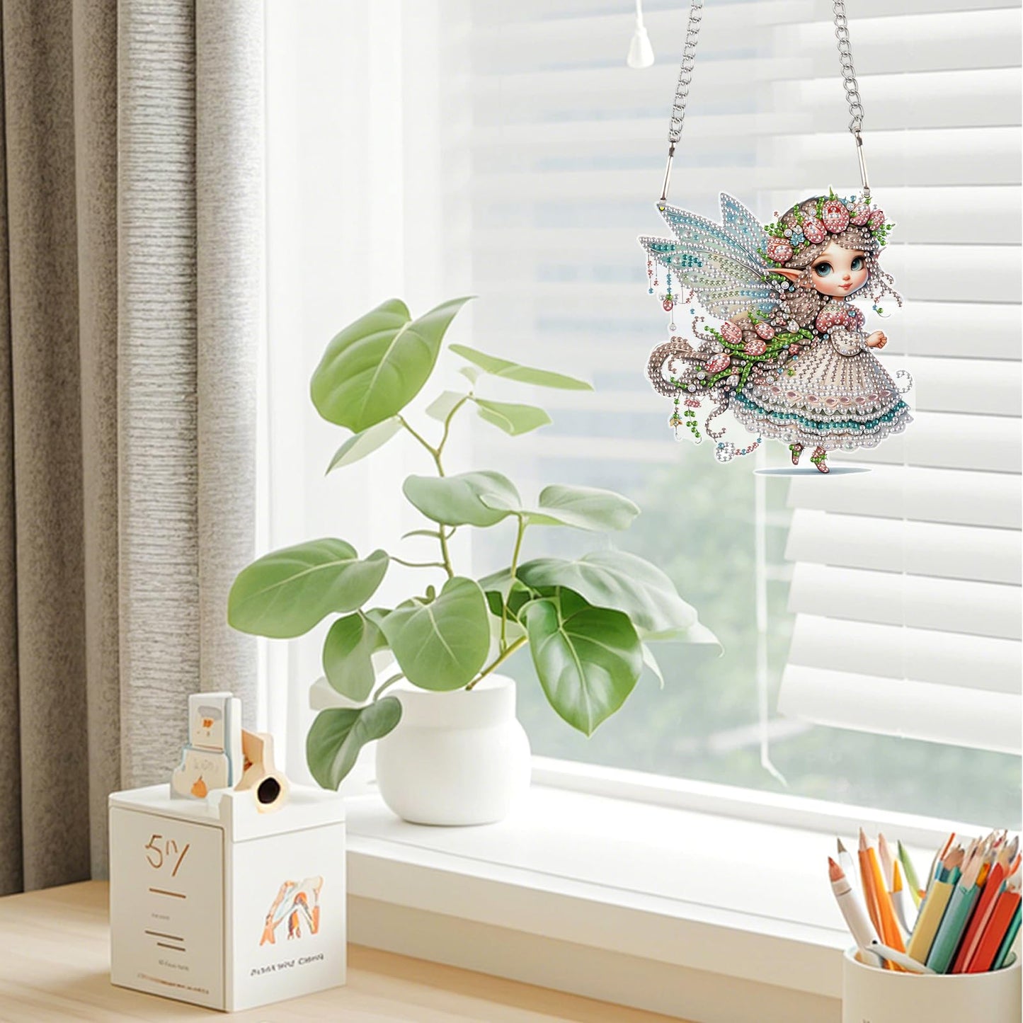JZHYOAN Butterfly Fairy Diamond Painting Pendant Window Hanging Ornament Kit Diamond Art Tool Kit Crystal Art Elf Mosaic Making Kits Home Decor Pendant Cross Stitch Ornament Gem Arts Wind Chimes