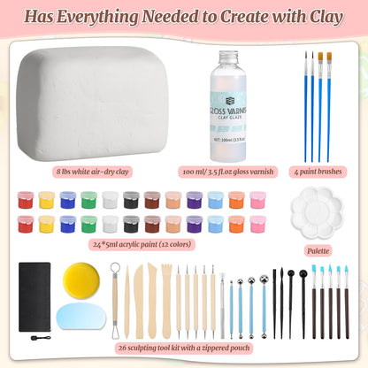 Natural Air-Dry Clay, 8 LBs Pottery Clay with 100ML Glaze Gloss Clay Varnish Protects and 27 PCS Pottery Tools Sculpting Tool Set, Air-Dry Clay Kit for Adults Beginner DIY Craft Gift