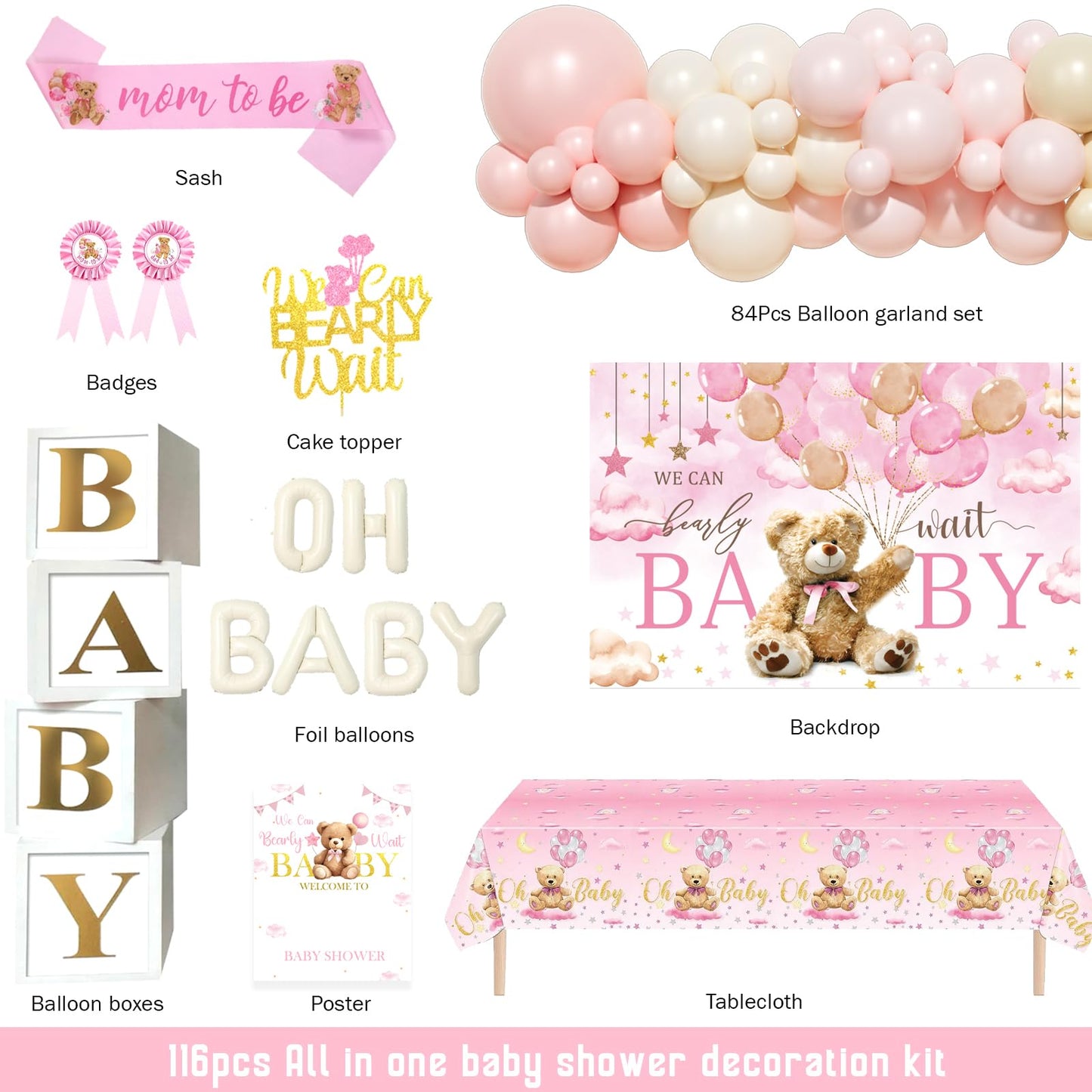 Hombae We can Bearly wait Baby Shower Decoration – 116 PCs Baby Girls Teddy Bear Party Supplies with Teddy Bear Printed Backdrop, Balloon Garland, Tablecloth, Balloon Boxes, Sash, Badges