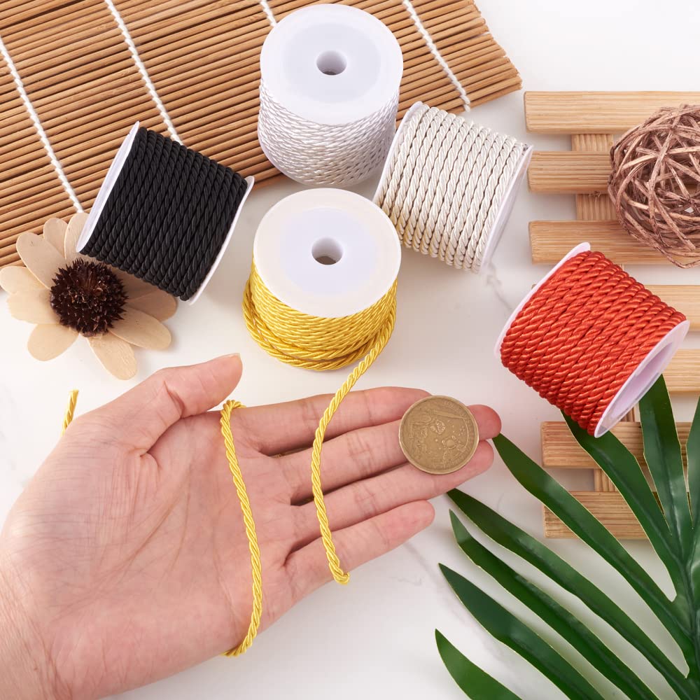 Craftdady 5 Rolls Twisted Cord Trim Rope 3mm Polyester Braided Satin Twine Cord Thread String for DIY Jewelry Craft Home Decoration, About 5.4 Yards/Roll