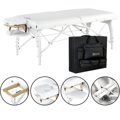 Master Massage 31" Montclair Pro Portable Massage Table Package, Memory Foam Cushioning, Reiki Panels, Shiatsu Cable Release- Tattoo Table, Spa Bed, Facial Bed - White