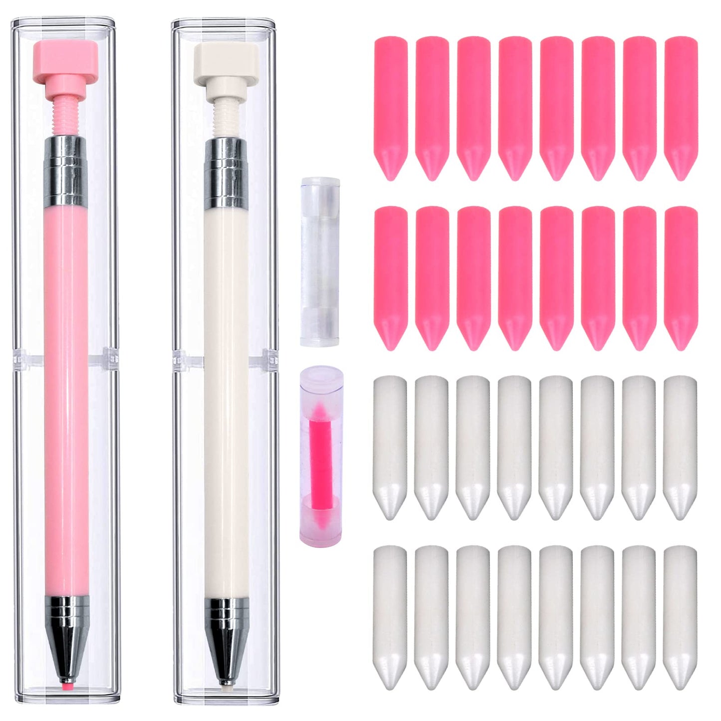 ZYNERY 34 Pcs Diamond Painting Pens Kit, 2 Pcs Refillable Wax Pen with 32 Pcs Wax, Rotating Glue Point Drill Pen for Nail Art, Diamond Art Accessories and Tools, Quickly Pick Up Beads Gem (Pink&White)