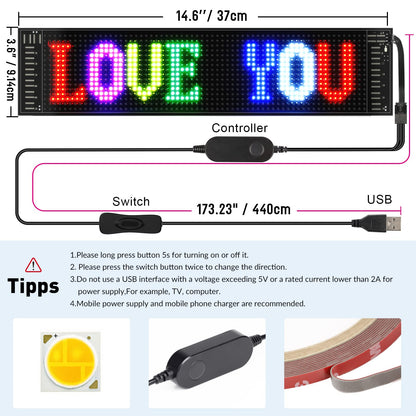 RAYHOME Scrolling Bright Advertising LED Signs, Flexible USB 5V LED Car Sign Bluetooth App Control Custom Text Pattern Animation Programmable Display for Store Car Bar Hotel (15''x4'')