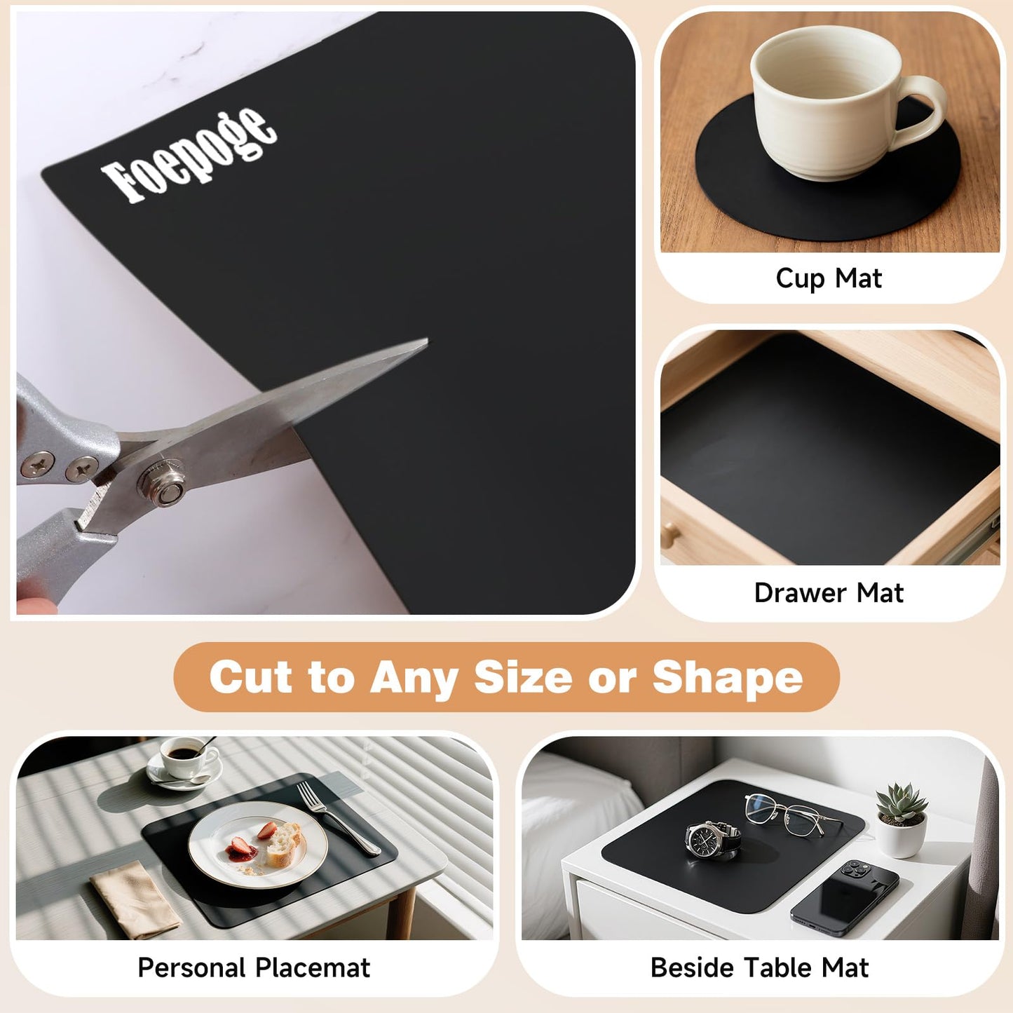 49.2" x 15.7" Large Silicone Mat for Kitchen Counter Protector, Cuttable Silicon Countertop Protector Mat Heat Resistant Mats for Countertop, Cut to Fit Placemat Ship Roll by Foepoge, Black