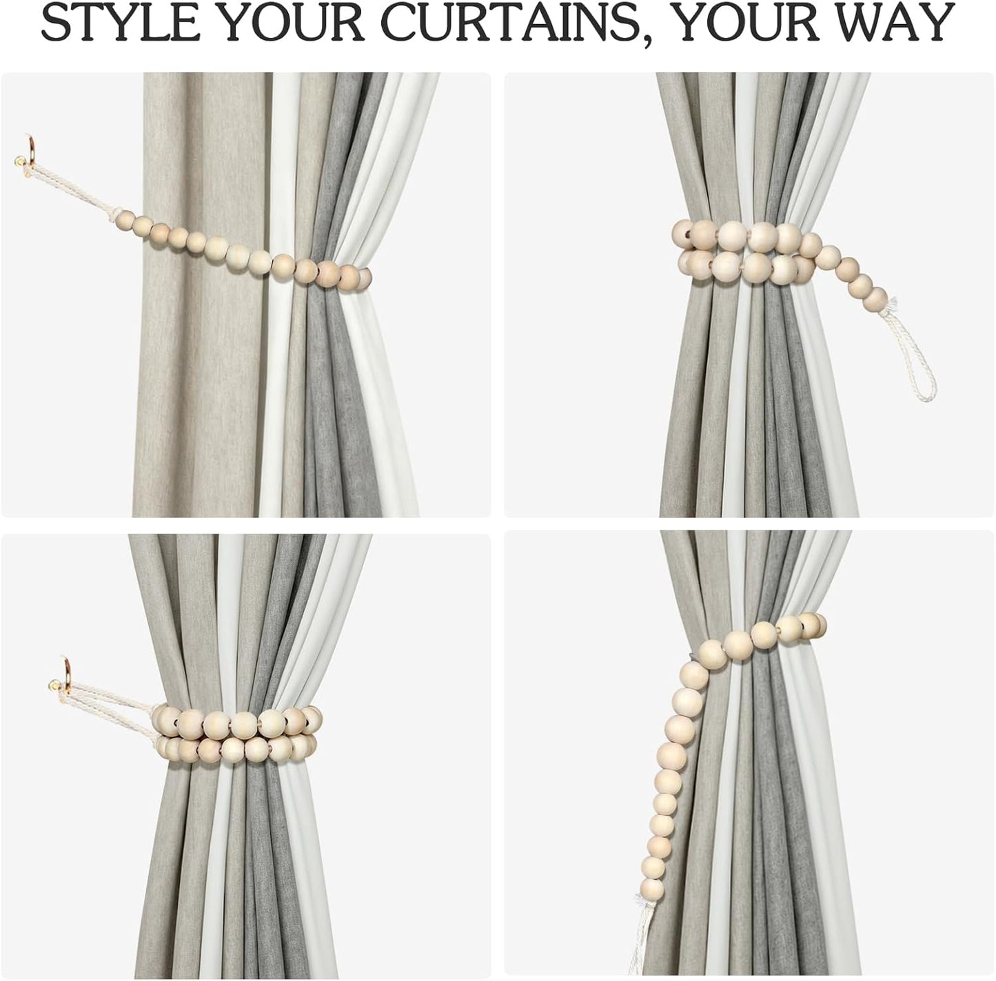 2 Hion Pcs Boho Curtain Tiebacks,Wood Beads Curtain Holdbacks,Outdoor Farmhouse Tie Backs for Curtains,Curtain Holders