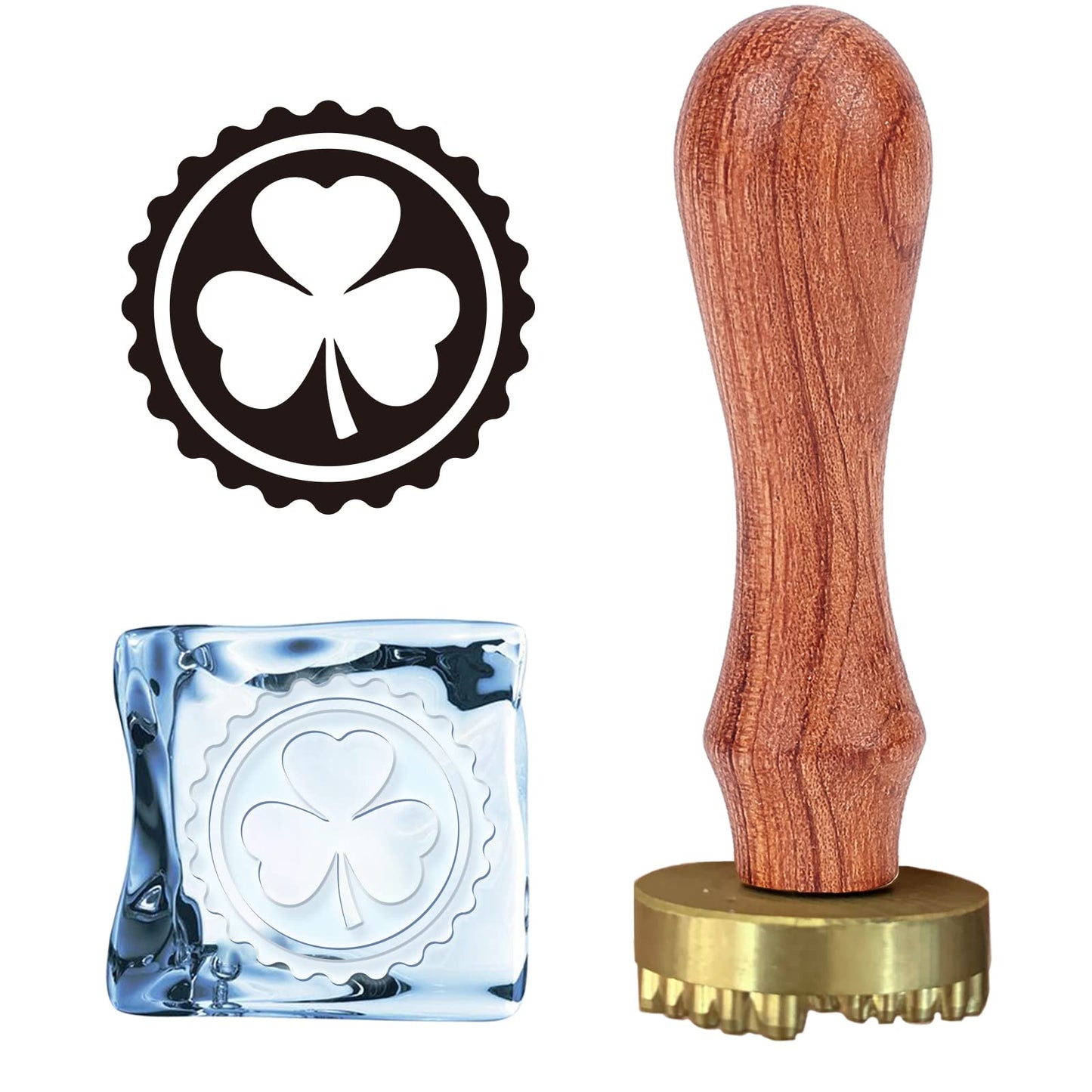 CRASPIRE Ice Branding Stamp Clover Wax Seal With Wood Handles & Velvet Pouches Removable Brass Head for Whiskey Cocktail Mojito Bourbon Drinks Bar Making DIY Crafting