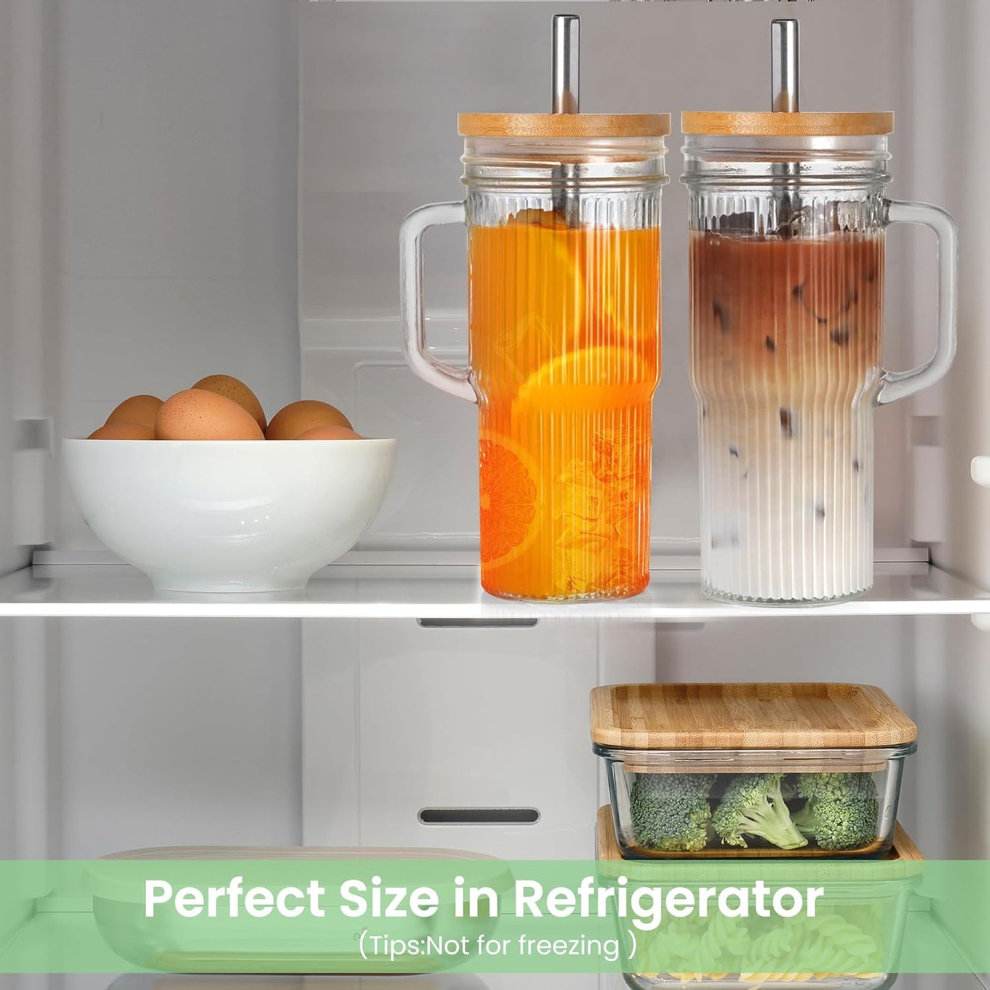 24oz Handle,4Pack Ribbed Glass Tumbler With Glass Cup with Lids and Straws,Reusable Glass Iced Coffee Cups