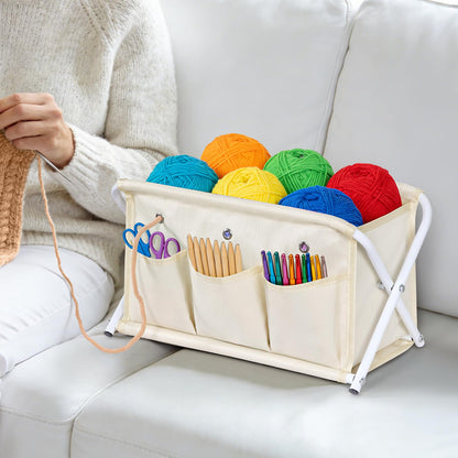 KEEGH Large Capacity Yarn Storage Organizer, Installation-Free Yarn Caddy with 3 Pockets Crochet Bag Organizer for Crochet Hooks, Knitting Needles, Accessories