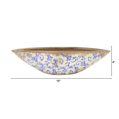 13in. Tuscan Ceramic Blue Scroll Decorative Bowl