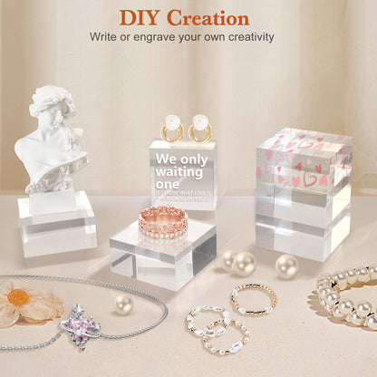 SAMYUCHO Acrylic Base 8 Pieces Acrylic Blocks for Display 2 X 2 X 1 Inch Square Riser Display Stands Trophy Base Pedestal Stands Clear Cube for Trophy Jewelry Props Food Party Crafts
