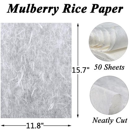 Acidea Natural Mulberry Paper Sheets, 50 Sheets 11.8 x 15.7inch Natural Fiber Rice Paper, Handmade Decoupage Paper Sheets, Art Tissue Washi Paper DIY Craft Origami for Kid Adult Gift Wrap Card Making