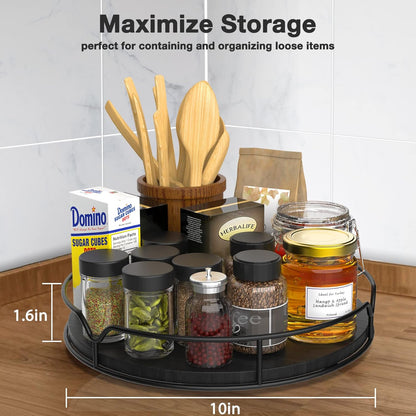 Lazy Susan Turntable Organizer for Cabinet Pantry - Kitchen Countertop Refrigerator Cupboard, Pine Wood, 9", Black