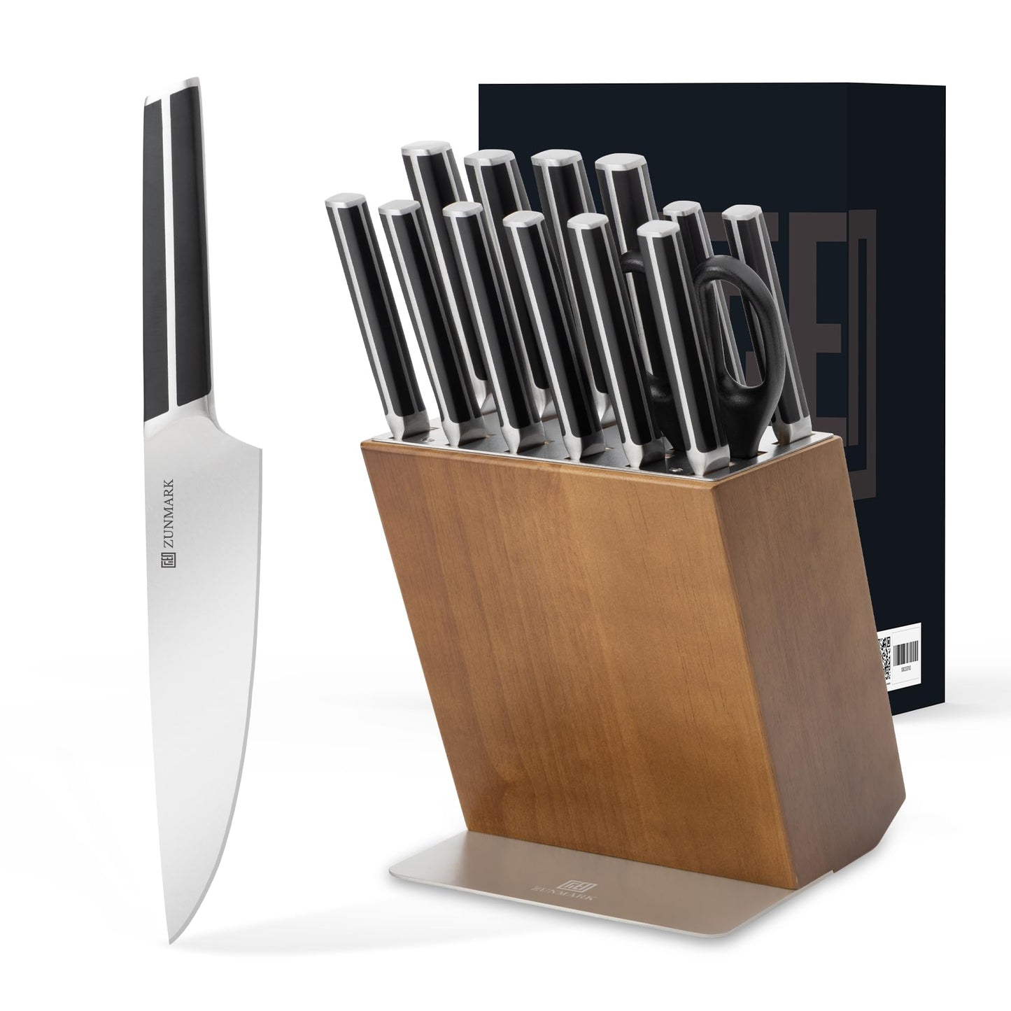 ZUNMARK Kitchen Knife Set, 14 PCS Knife Sets for Kitchen with Block, X50CrMoV15 High Carbon German Steel Knife Set with 6X Serrated Steak Knife, Heavy