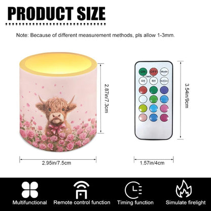 Merkmak Highland Cattle Print Battery Operated Flameless Candles with Remote and Timer Flameless LED Pillar Candles Valentines Day Home Decorations Pink Rose Print Tea Lights