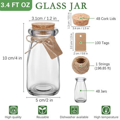 Sieral 48 Pcs 3.4 oz Mini Yogurt Jars Small Glass Bottles with Cork Lids Mini Milk Potion Bottles Glass Pudding Jars for Party Favors DIY Wedding Decor Gift Baby Shower
