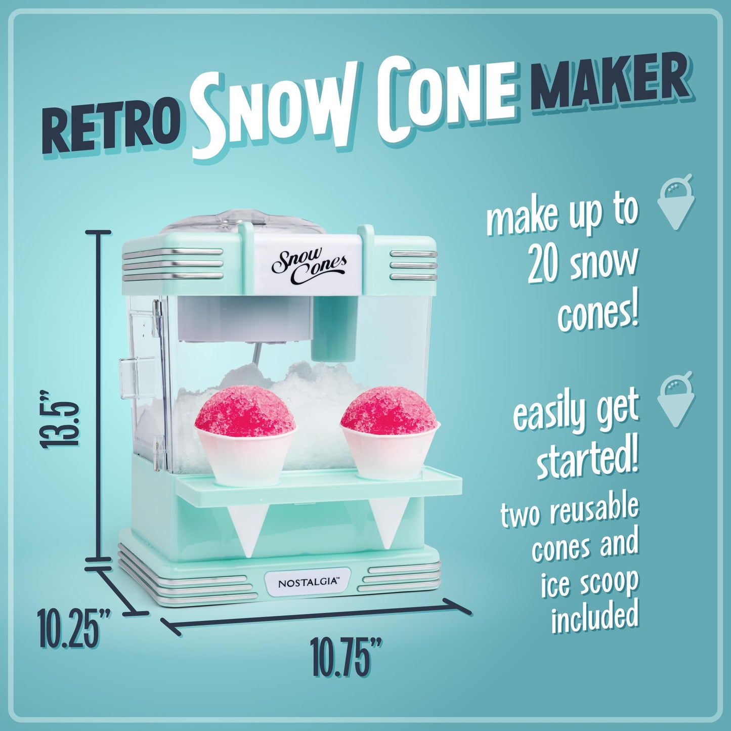 Nostalgia Snow Cone Shaved Ice Machine - Retro Table-Top Slushie Machine Makes 20 Icy Treats - Includes 2 Reusable Plastic Cups & Ice Scoop - Retro Red