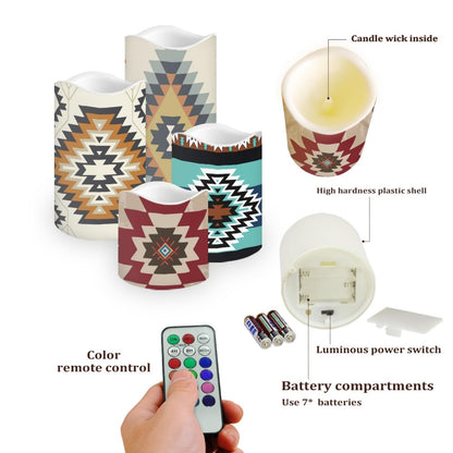 Psesaysky Aztec Flameless Candles Fake Pillar Candles LED Battery Operated Flameless Candles with Remote Color Changing & Timer Ambient Lighting 4 Packs
